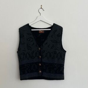 ALPS Vintage Moose Pine Tree Sweater Vest Womens Small Green Black Wool Cabin